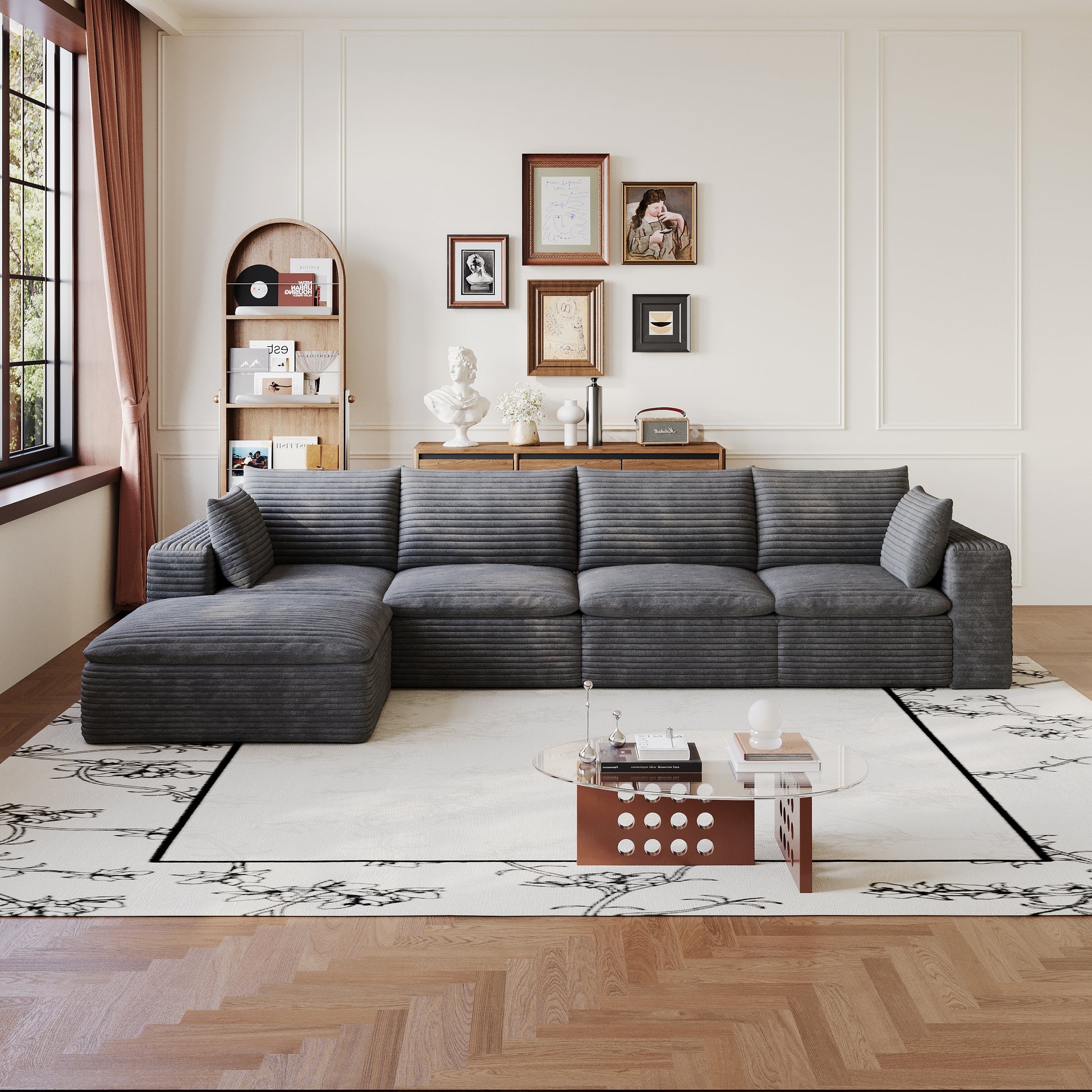 134" Cloud Sofa,Corduroy Fabric,Deep Seat Couches,Double-layer design,Removable Cushion,No Assembly, DIY Combination for Living room, Bedroom,Conference room,Apartment,Dark Grey image 4
