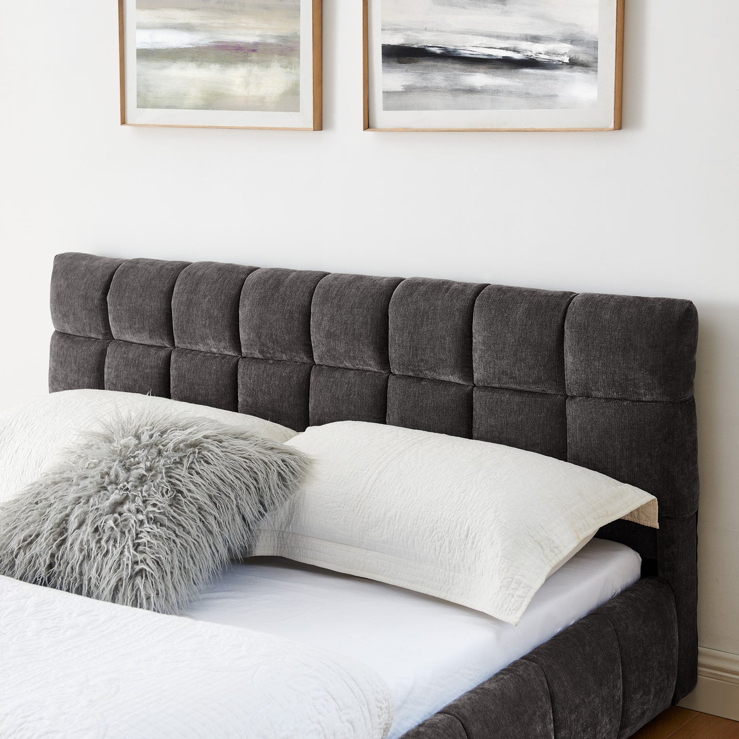 Queen Size Upholstered Bed,comfortable upholstered bed frame, Chenille fabric, with headboard and solid bed frame. With drawer for storage.-Dark Gray(88.5''*68.5''*31'') image 7
