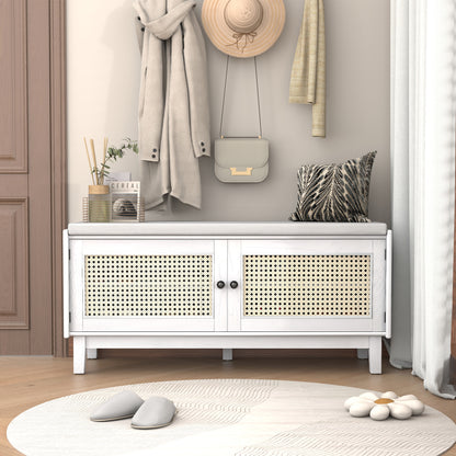 TREXM Boho Rattan Entryway Bench with Storage, Cushioned Shoe Bench with Double Doors, Wooden Shoe Organizer Bench for Entryway and Hallway (White+Beige) image 1