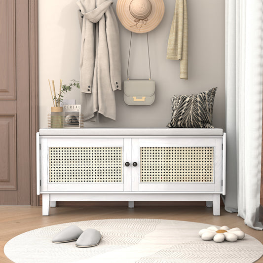 TREXM Boho Rattan Entryway Bench with Storage - White and Beige Cushioned Shoe Bench