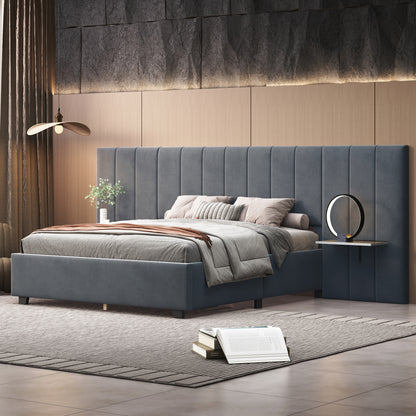 Queen Size Upholstered Platform Bed with Big Headboard, Bedroom Furniture, Velvet, Gray image 1