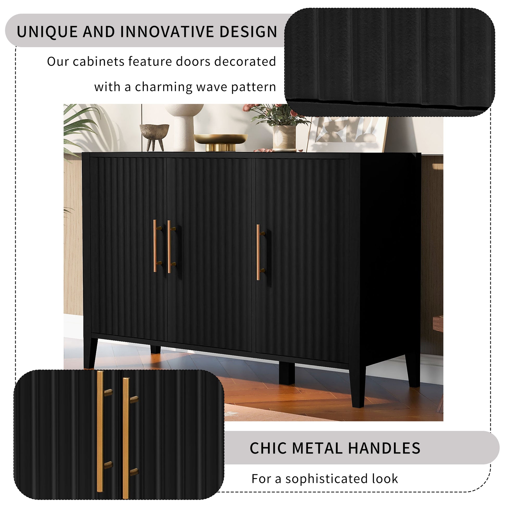 U-Style Wavy 3-Door Sideboard with Solid Pine Legs, Painted Finish Storage Cabinet with American Style for Living Room, Entryway, Kitchen, and Home Office. image 5