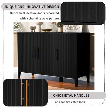 U-Style Wavy 3-Door Sideboard with Solid Pine Legs, Painted Finish Storage Cabinet with American Style for Living Room, Entryway, Kitchen, and Home Office. image 5