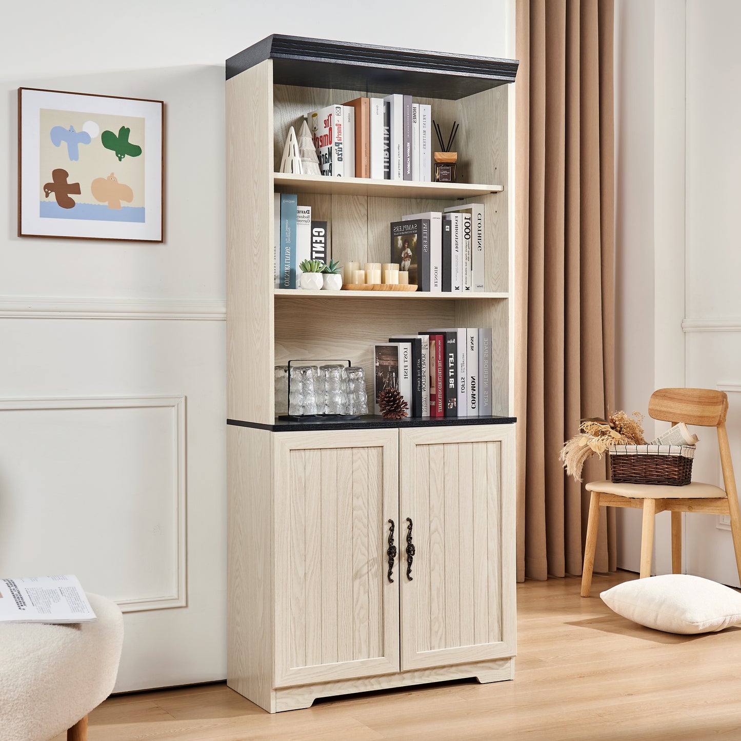 70.86"(180cm) Tall Storage Cabinet, 5 Tier Cube Display Cabinet with Adjustable Shelves and Barn Doors, MDF Wood Freestanding Display Bookshelves for Bedroom,Living Room, Kitchen, Pantry, Bar Cabinet image 2