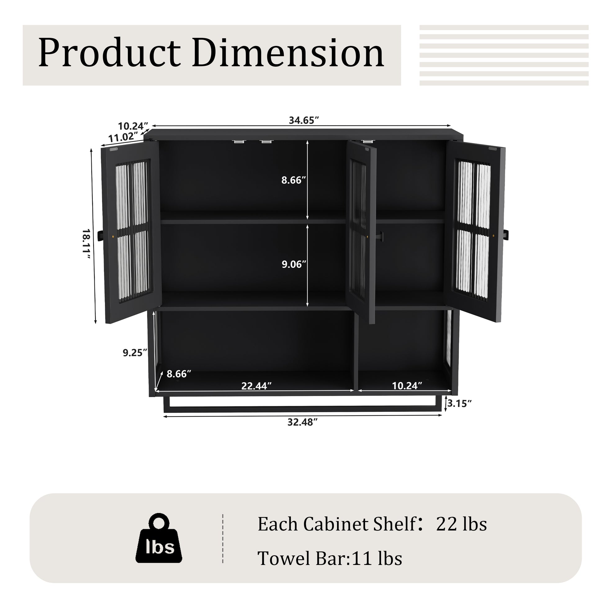Bathroom Wall Cabinet, 3-Door Wooden Wall Cabinet with Open and Hidden Storage Space, Medicine Cabinet with Glass Door and Towel Bar for Entryway Living Room Bathroom Dining Room,Black image 5