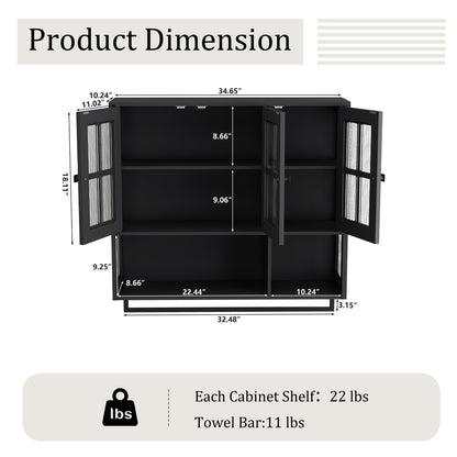 Bathroom Wall Cabinet, 3-Door Wooden Wall Cabinet with Open and Hidden Storage Space, Medicine Cabinet with Glass Door and Towel Bar for Entryway Living Room Bathroom Dining Room,Black image 5