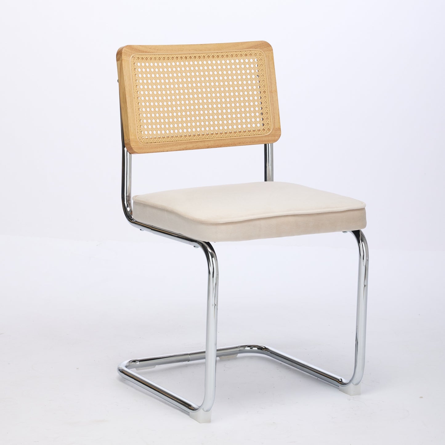 Mid Century Modern Dining Chairs Set of 2, Velvet Accent Chairs with Natural Cane Back & Stainless Chrome Base, Famous Breuer Designed Chairs, Upholstered Rattan Kitchen Chairs,Beige image 3