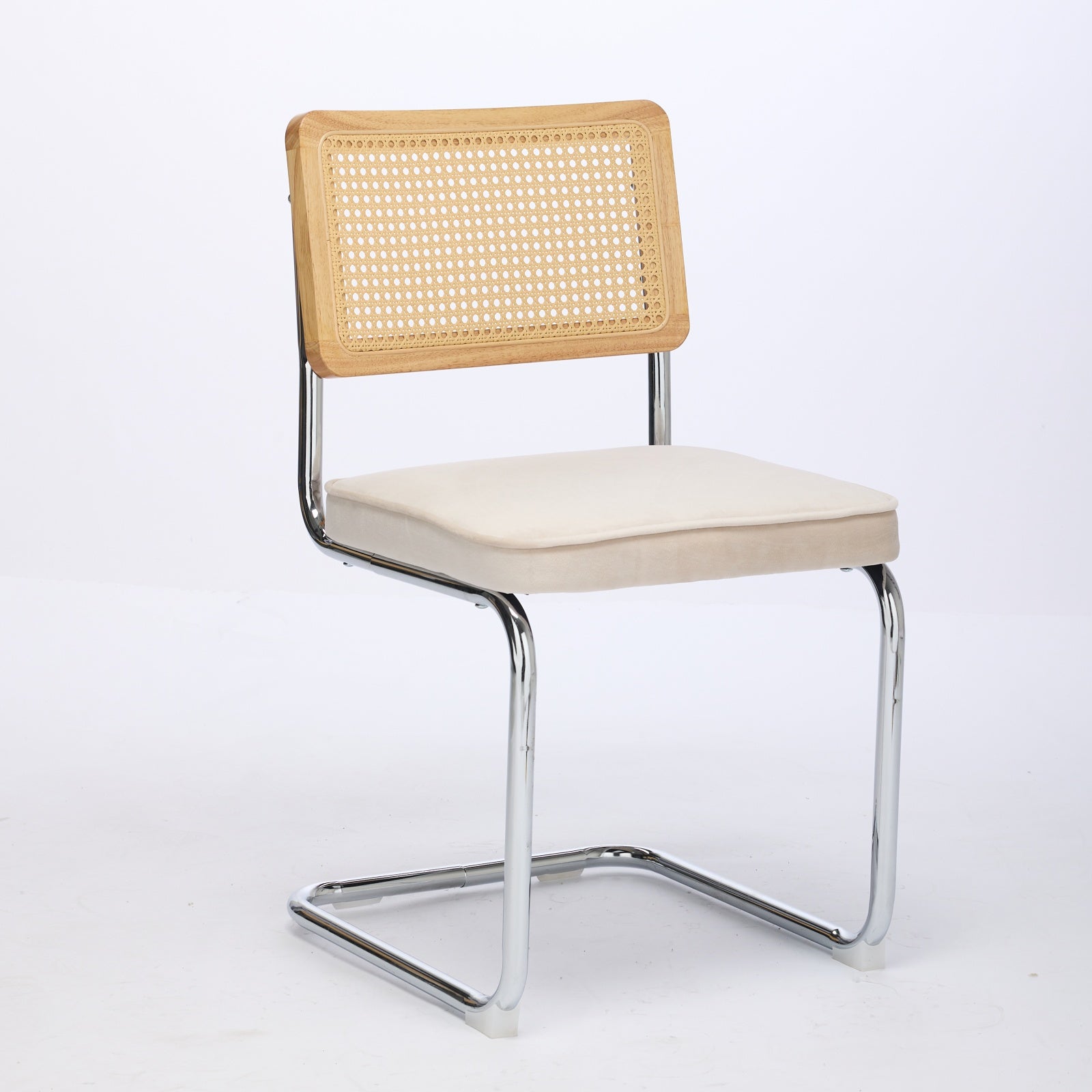 Mid Century Modern Dining Chairs Set of 2, Velvet Accent Chairs with Natural Cane Back & Stainless Chrome Base, Famous Breuer Designed Chairs, Upholstered Rattan Kitchen Chairs,Beige image 3