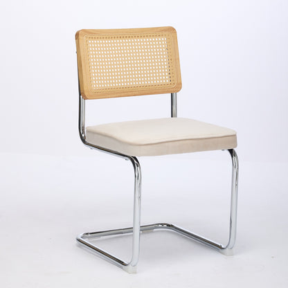 Mid Century Modern Dining Chairs Set of 2, Velvet Accent Chairs with Natural Cane Back & Stainless Chrome Base, Famous Breuer Designed Chairs, Upholstered Rattan Kitchen Chairs,Beige image 3