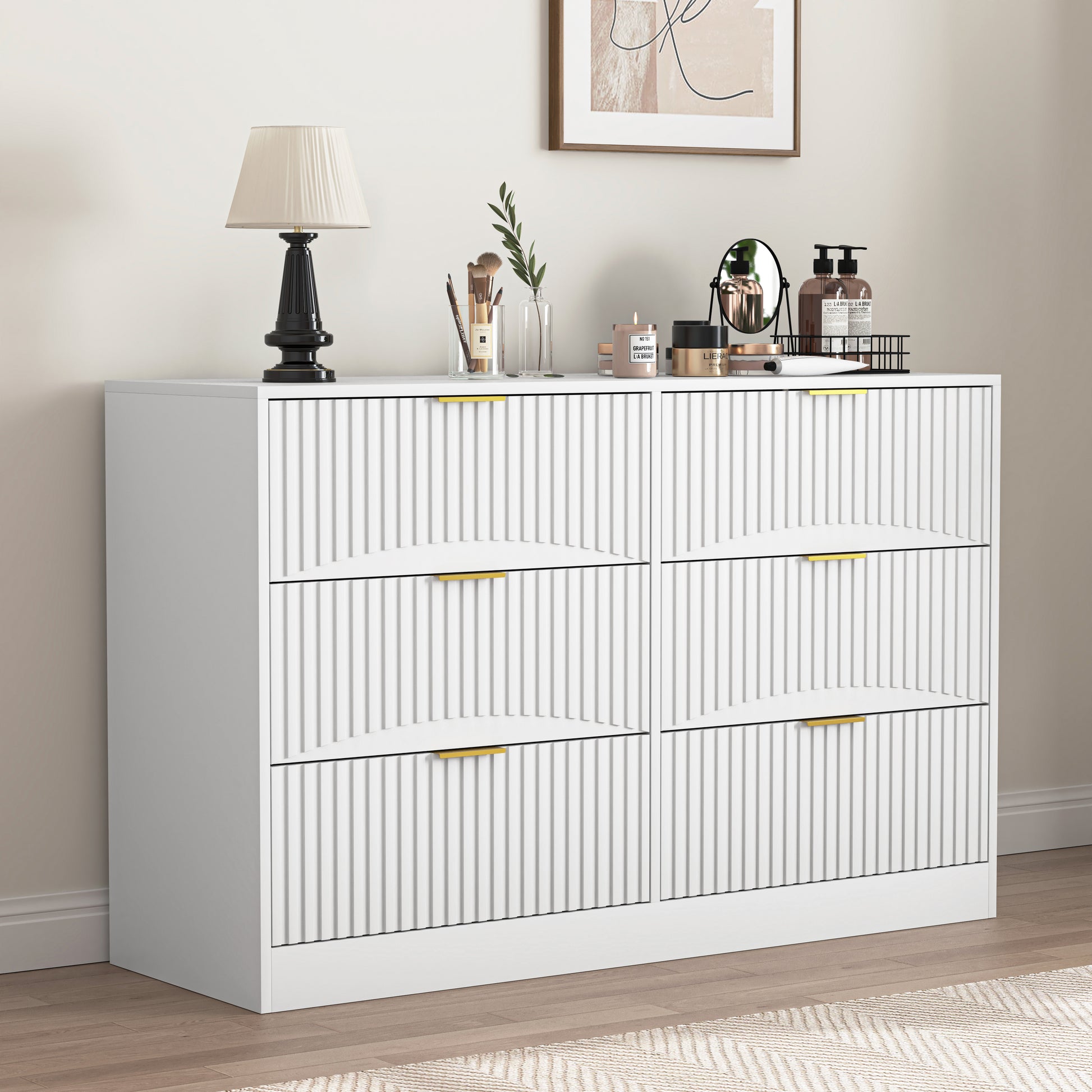 Modern 6-Drawer Dresser, Chest of Drawers for Bedroom, Living Room, Hallway, and Entryway - Large Storage Cabinet, White,Drawer panel with wavy patterns image 3