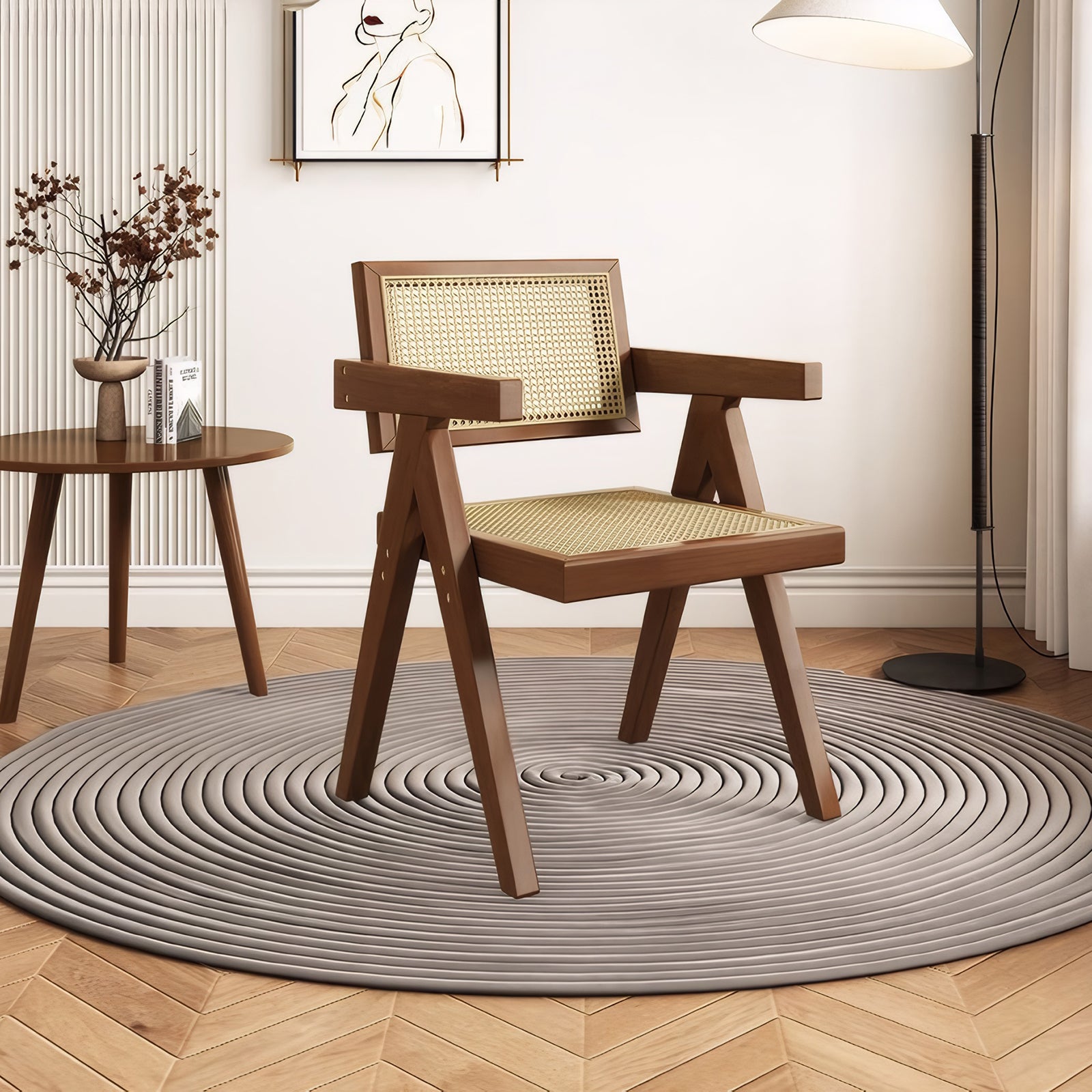 Modern Mid Century Dining Chairs Set of 2, Rattan Accent Chairs, Comfy Armchairs, Outdoor Wood Chairs with Armrest for Bedroom Living Room Reading Room Dining Kitchen, Brown image 6