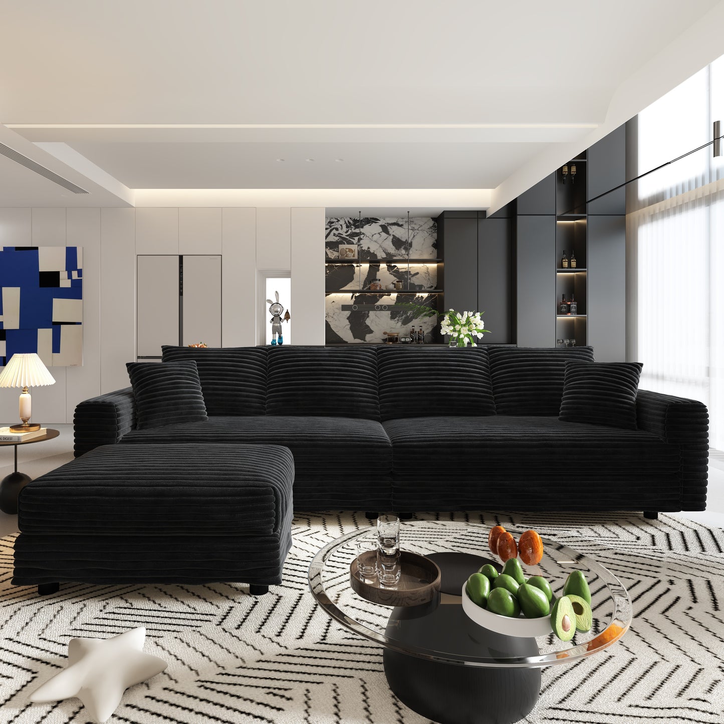 102.4 "Plush Corduroy 4-Seat Sofa,Modern Comfy Upholstered Sofa Cloud Couch,Deep Seat Couches with Soft Pillows and Movable Ottoman,Convertible Sofa Lounge Chair,Black(Old SKU:W1885S00277) image 3
