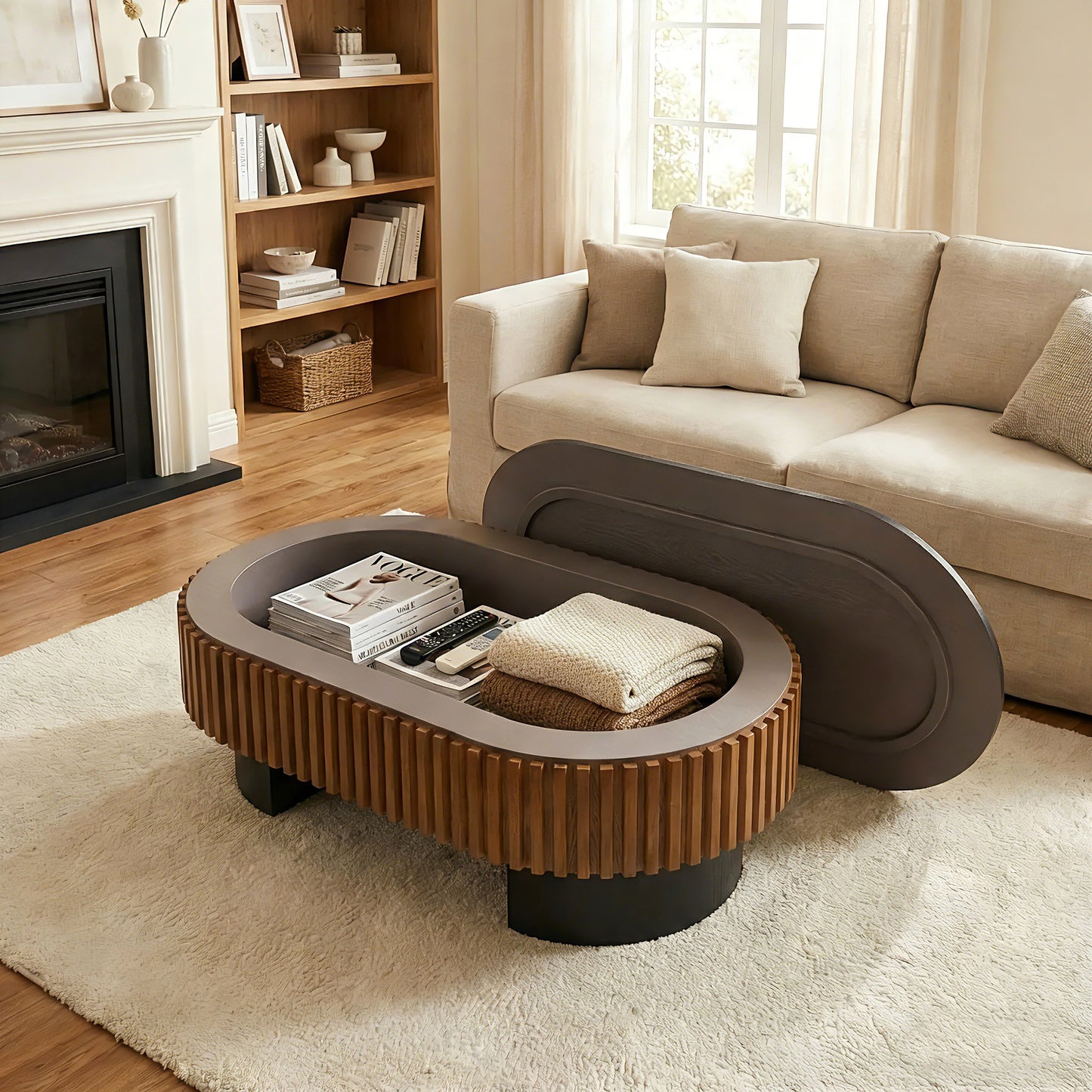 43.7" Oval Coffee Table With Hidden Storage, Fluted Modern Minimalist Wood Coffee Table for Living Room, Oval Center Table, Black + Walnut. image 7