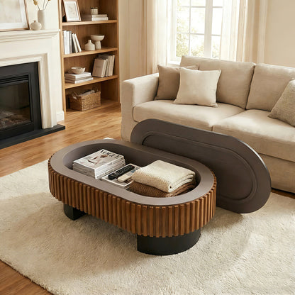 43.7" Oval Coffee Table With Hidden Storage, Fluted Modern Minimalist Wood Coffee Table for Living Room, Oval Center Table, Black + Walnut. image 7
