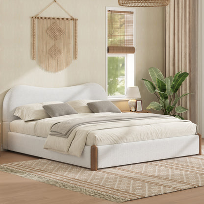 Queen Size Upholstered Platform Bed with Wood Supporting Feet, White image 2