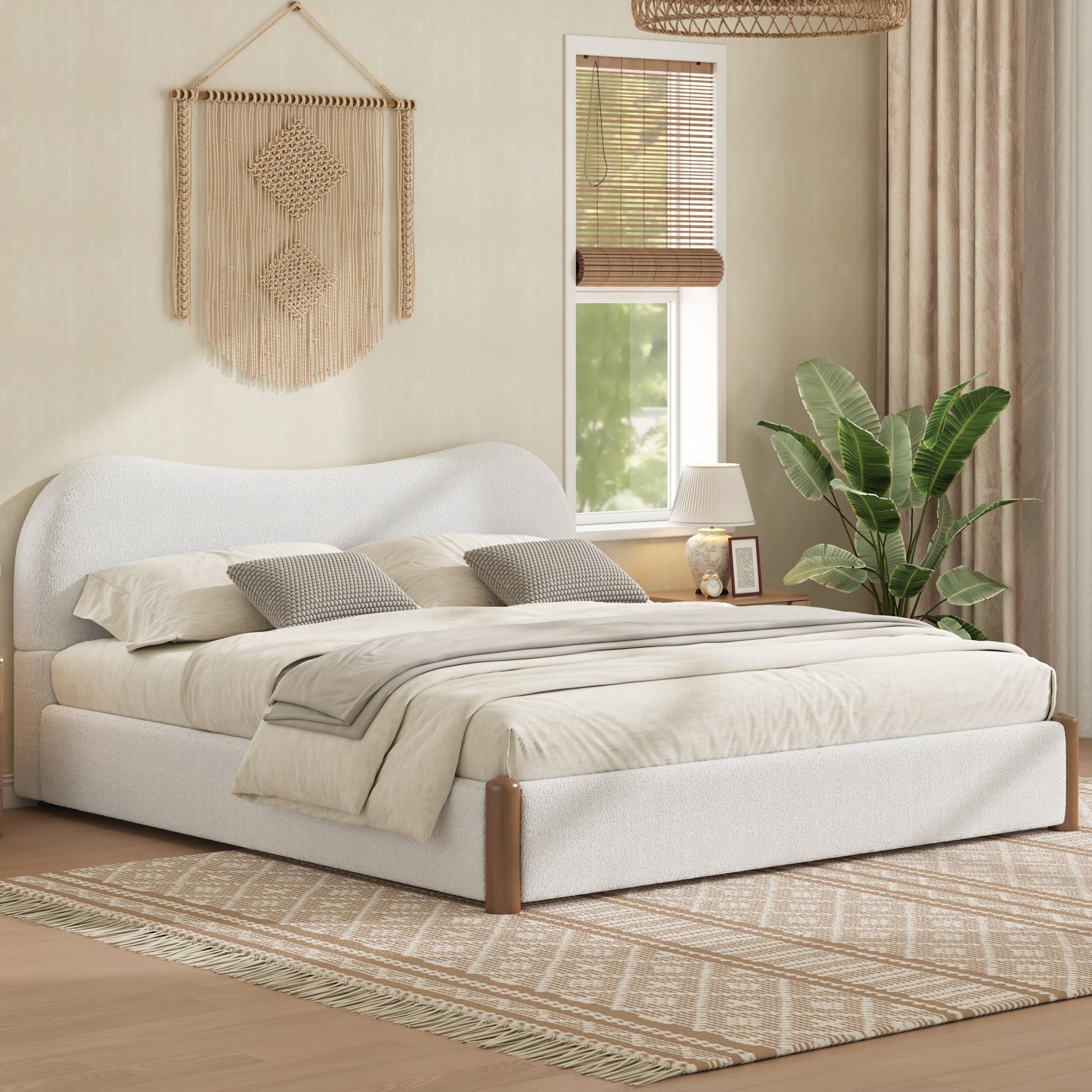 Queen Size Upholstered Platform Bed with Wood Supporting Feet, White image 2