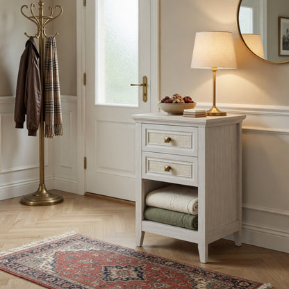 Set of 2 - 17.7" Wide White Rattan Nightstand w/ 2 Drawers - Boho 27" Tall Bedside Table for Small Spaces & Bedroom image 11