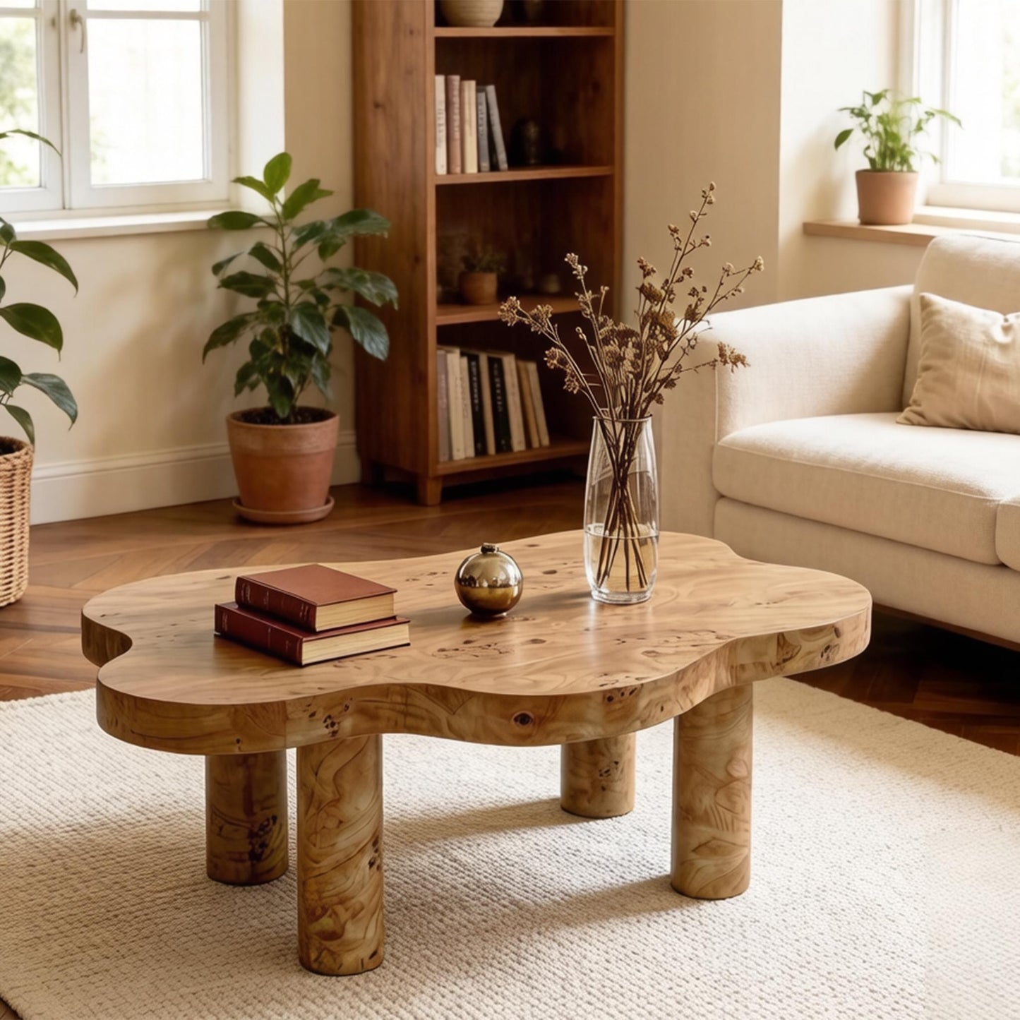 40'' Burl Cloud Coffee Table with 4 Round Legs, Low Profile Modern Coffee Table, Unique Irregular Center Table for Living Room, Apartment, Natural Color image 10