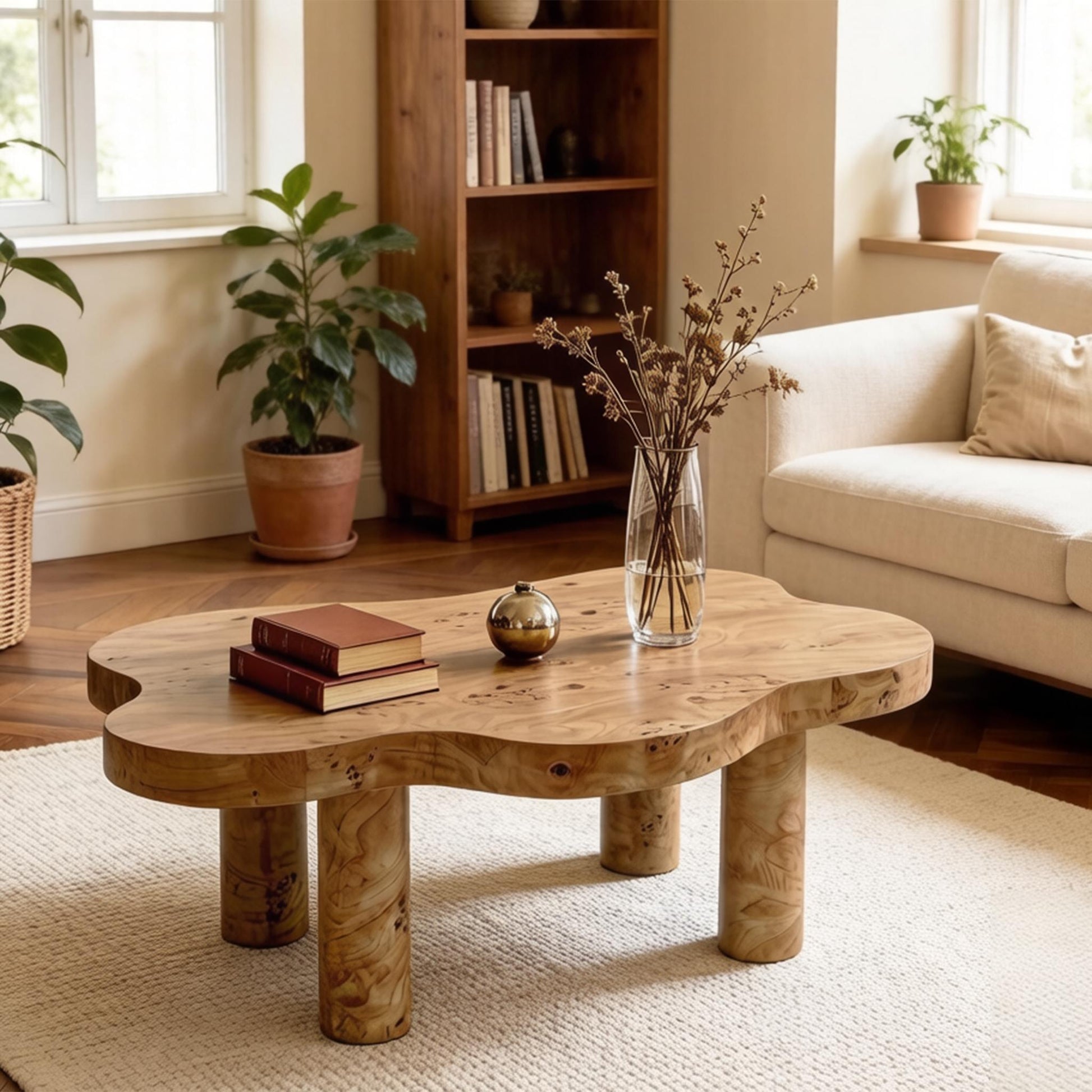 40'' Burl Cloud Coffee Table with 4 Round Legs, Low Profile Modern Coffee Table, Unique Irregular Center Table for Living Room, Apartment, Natural Color image 10