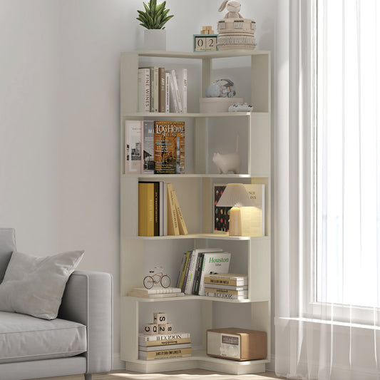 6 Tier Freestanding L-Shaped Corner Bookshelf For Living Room, Bedroom, Wooden Bookcase with anti-drop panle and anti tipping device, Display shelf Open storage rack Organizer for Home Office White image 1