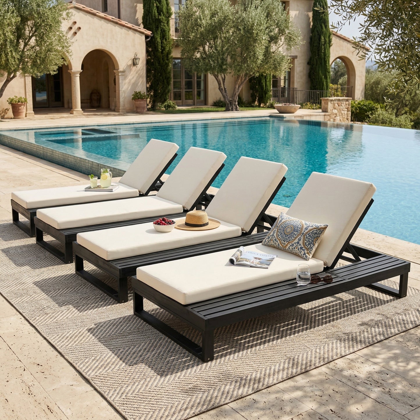 Black Acacia Wood Chaise Lounge with 4-Inch Cream 2-FoldCushion Set, 4-Position Adjustable Outdoor Patio Lounger with Flat Side Surface, for Poolside- Matching dark grey version available image 9