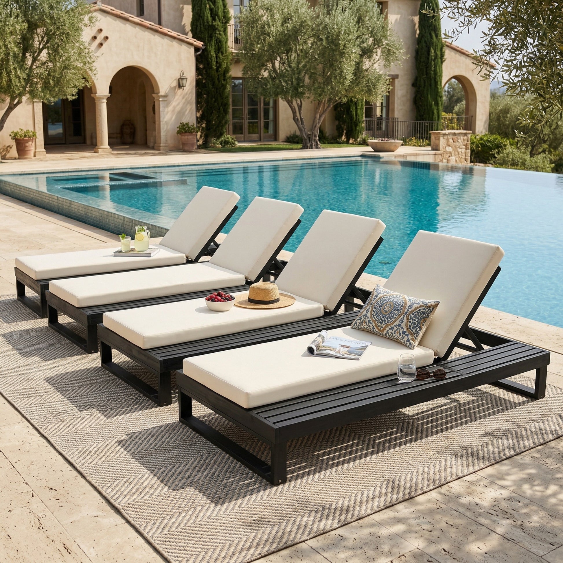 Black Acacia Wood Chaise Lounge with 4-Inch Cream 2-FoldCushion Set, 4-Position Adjustable Outdoor Patio Lounger with Flat Side Surface, for Poolside- Matching dark grey version available image 9