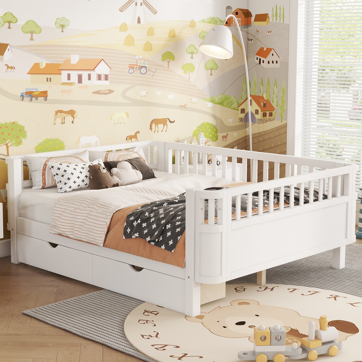 Full Size Wood Platform Bed for Kids, Wood Low Profile Full Bed with Rails for Girls and Boys, White (Old SKU W2593P331684) image 2