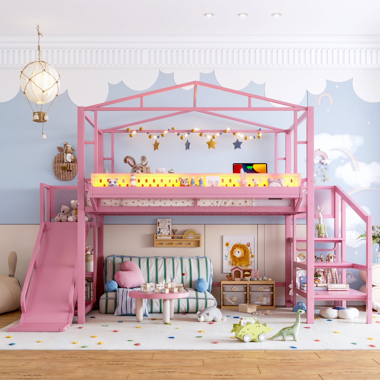 Full Size Loft Bed with Storage Stairs, Shelves and Built-in Wardrobe, Metal Loft Bed Frame with USB Ports and LED Lights, Noise-reduced Design, Pink image 4