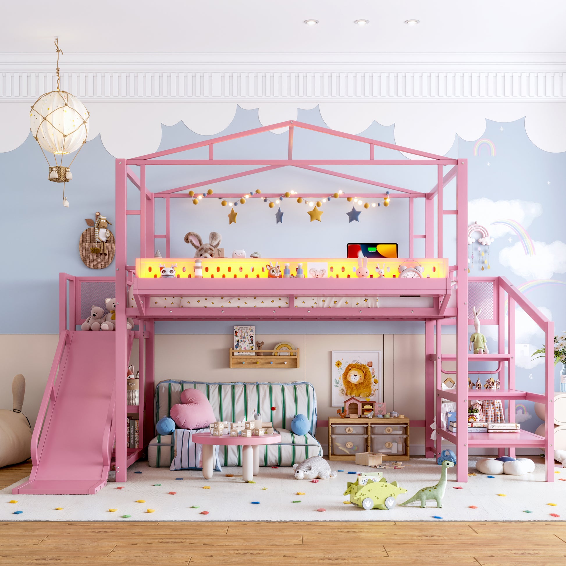 Full Size Loft Bed with Storage Stairs, Shelves and Built-in Wardrobe, Metal Loft Bed Frame with USB Ports and LED Lights, Noise-reduced Design, Pink image 4