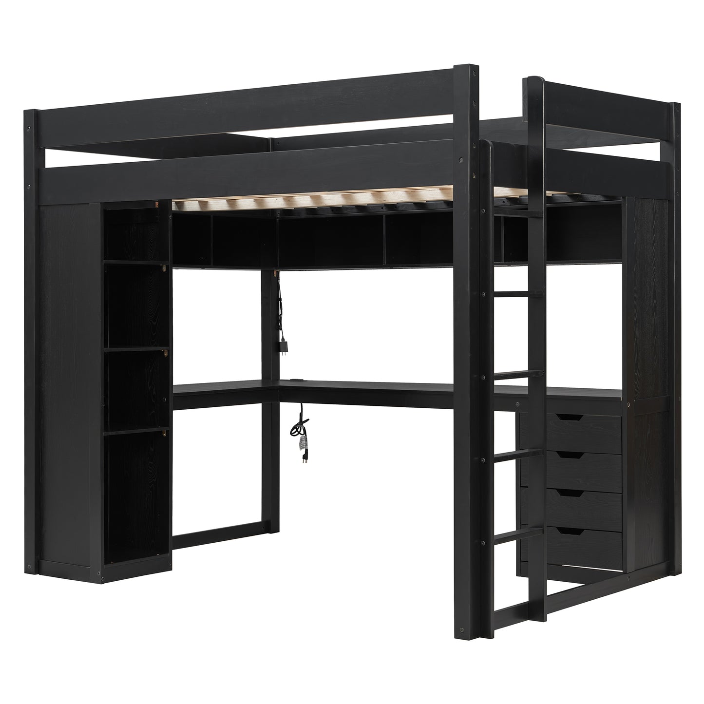 Full Size Solid Wood Loft Bed with L-Shaped Desk and 4 Drawers, Ash Veneer High Loft Bed with Smart APP Control LED Light Strip, USB Charging Ports and 4-Tier Open Shelves, Black image 4