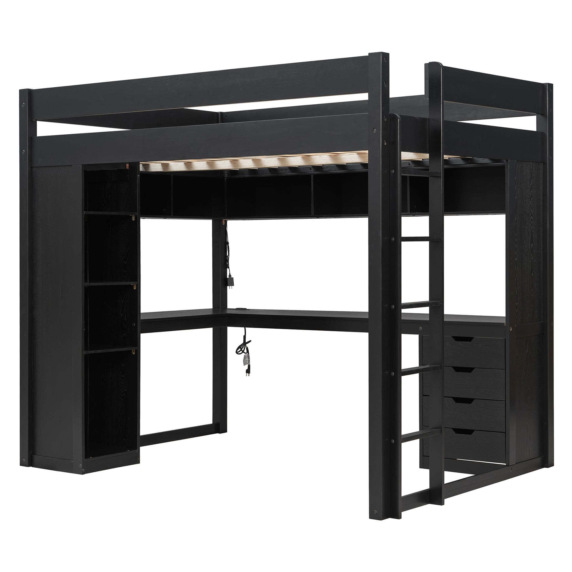 Full Size Solid Wood Loft Bed with L-Shaped Desk and 4 Drawers, Ash Veneer High Loft Bed with Smart APP Control LED Light Strip, USB Charging Ports and 4-Tier Open Shelves, Black image 4