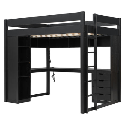 Full Size Solid Wood Loft Bed with L-Shaped Desk and 4 Drawers, Ash Veneer High Loft Bed with Smart APP Control LED Light Strip, USB Charging Ports and 4-Tier Open Shelves, Black image 4