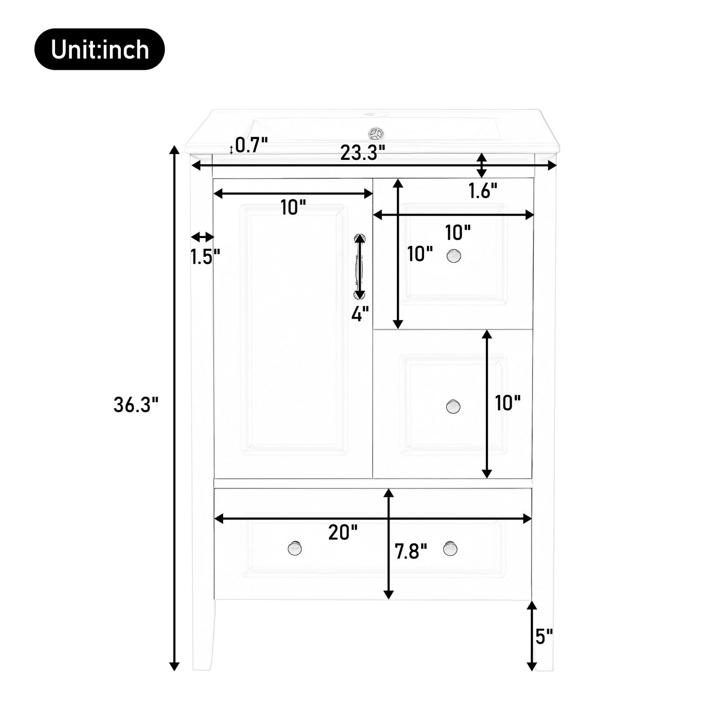 24 inch Bathroom Vanity with Sink, One Cabinet with Soft-closing Door, 3 Soft-closing Drawers, Retro Metal Handles, White image 8