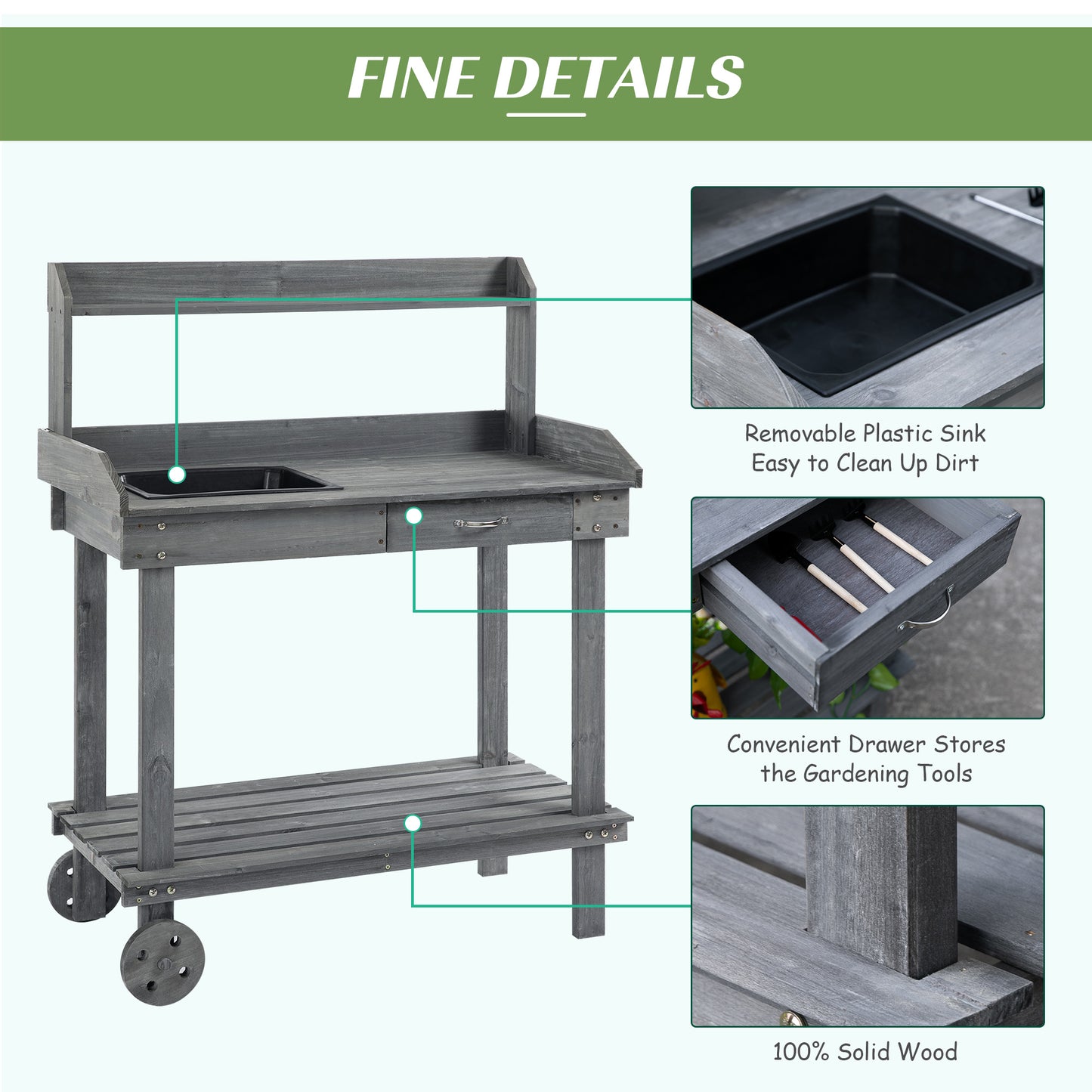 Outsunny 36'' Wooden Potting Bench Work Table with 2 Removable Wheels, Sink, Drawer & Large Storage Spaces, Gray image 5