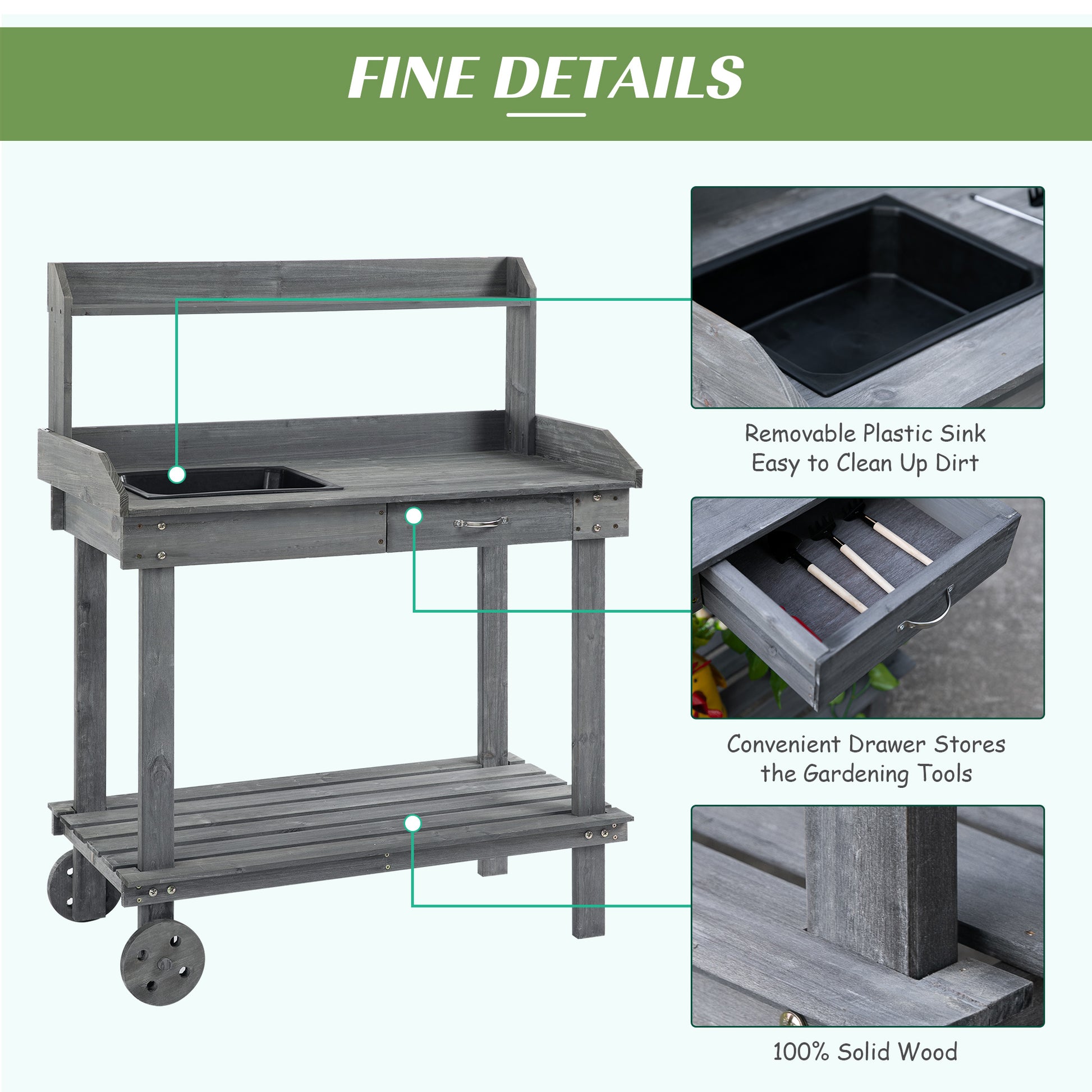 Outsunny 36'' Wooden Potting Bench Work Table with 2 Removable Wheels, Sink, Drawer & Large Storage Spaces, Gray image 5