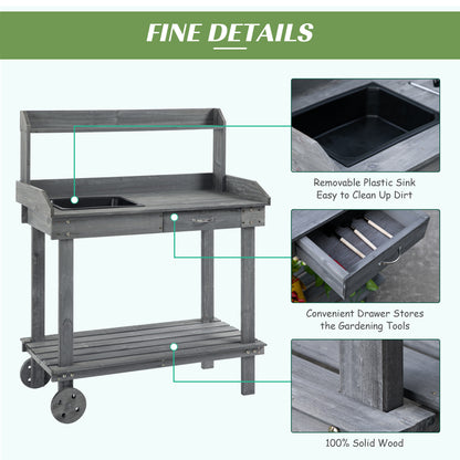Outsunny 36'' Wooden Potting Bench Work Table with 2 Removable Wheels, Sink, Drawer & Large Storage Spaces, Gray image 5