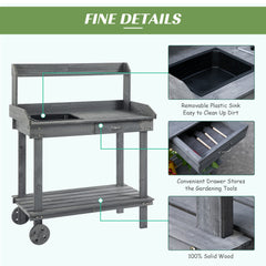 Outsunny 36'' Wooden Potting Bench Work Table with 2 Removable Wheels, Sink, Drawer & Large Storage Spaces, Gray