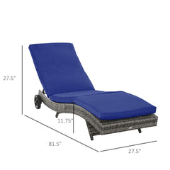 Outsunny Chaise Lounge Pool Chair, Outdoor PE Rattan Cushioned Patio Sun Lounger w/ 5-Level Adjustable Backrest & Wheels for Easy Movement, Wicker, Dark Blue