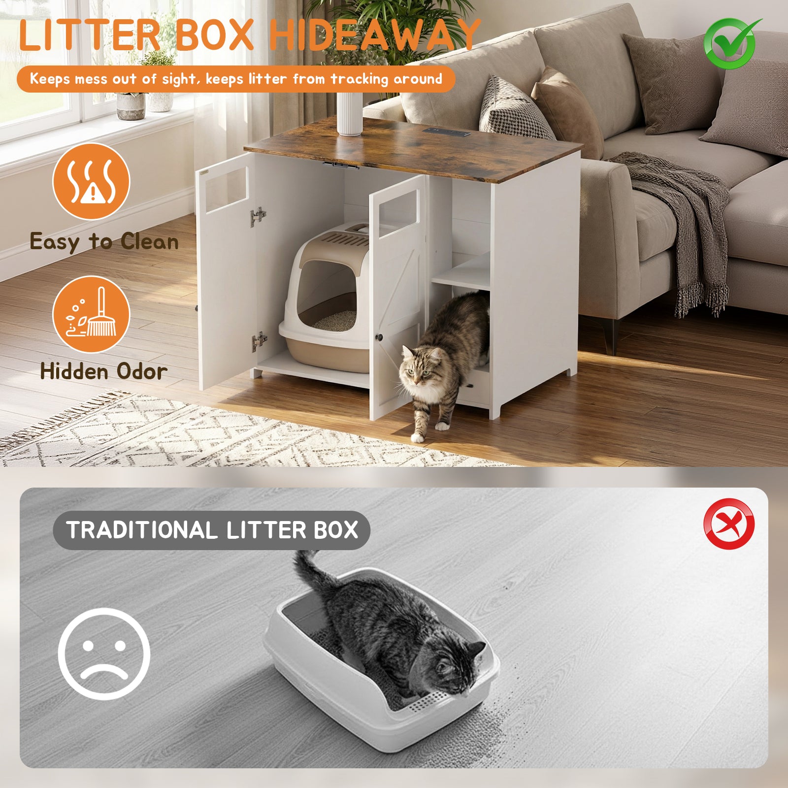 Hidden Cat Litter Box Enclosure Furniture – Large Dog-Proof Litter Box Cabinet with Power Strip, Compatible with Large Self-Cleaning Litter Boxes image 9