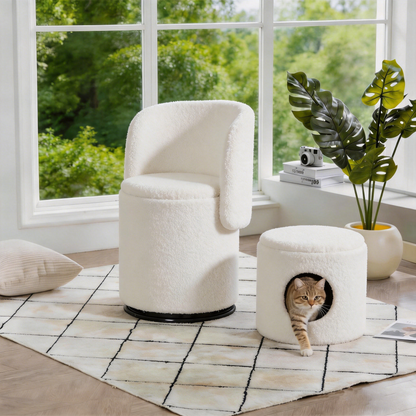 Stylish Upholstered Barrel Chair: 360° Swivel Vanity Stool for Bedroom & Dining Chair, Built-in Storage, Soft Padded Accent Seat, Multi-Functional for Dressing/Dining, Free Cat Bed Stool Included, image 6