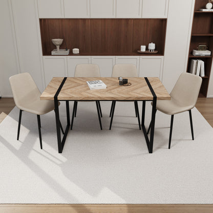 59" MDF light wood dining table and modern dining chair 4-piece set, medieval wooden kitchen dining table set, rectangular metal base, dining table and suede chair image 1