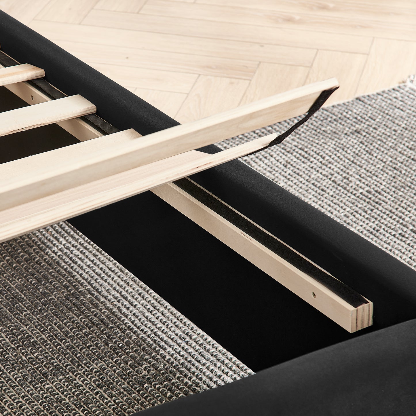 King Size Upholstered Bed Frame with Velvet Fabric, Vertical Stripe Design with Buttons Around King Size Platform Bed with Headboard, Solid Frame & Bedside Table - No Box Spring Needed-Black image 12