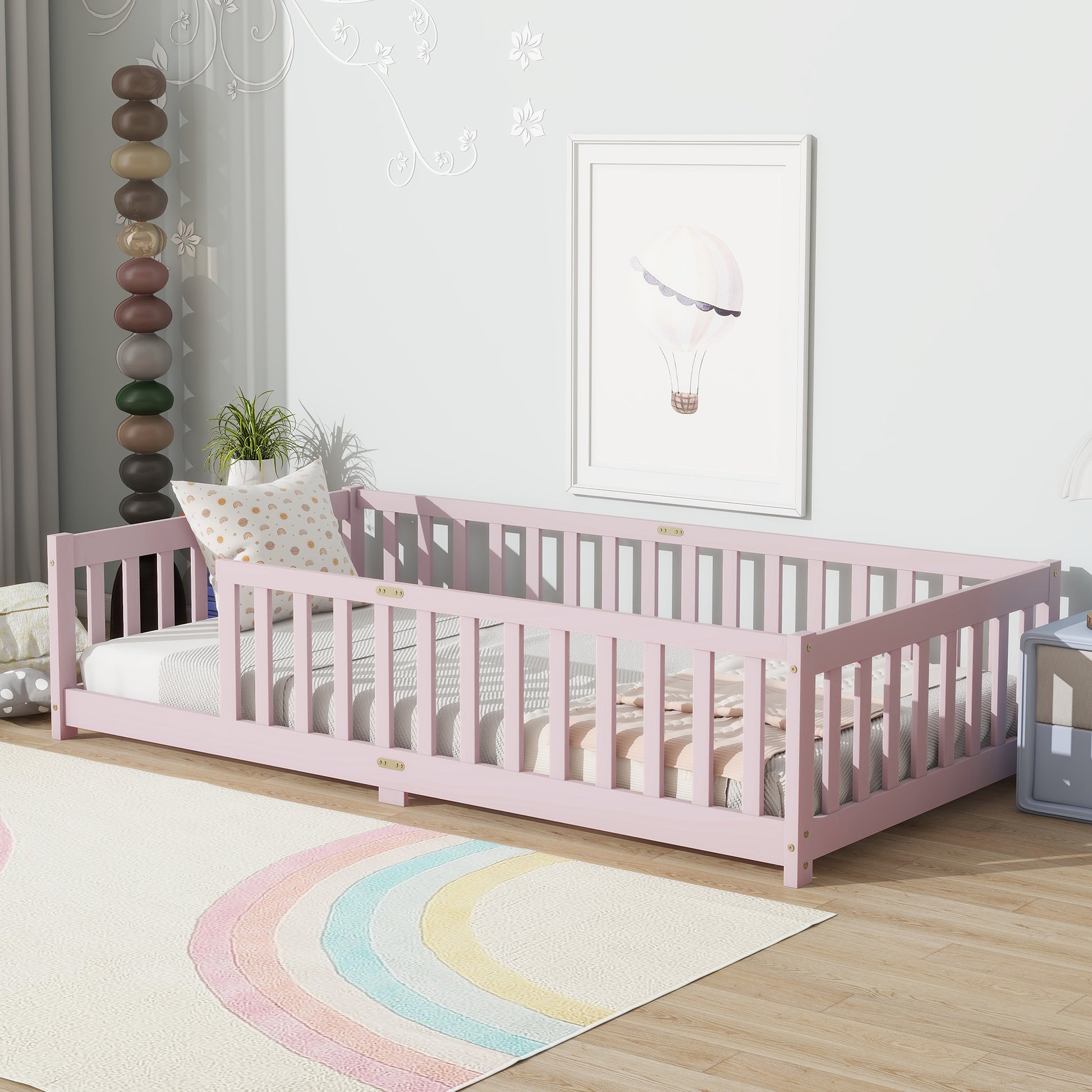 Twin Size Floor Bed with Fence without Door, Rubber Wood Floor Bed with Safety Guardrails,Pink (Old Sku W504P286399) image 2