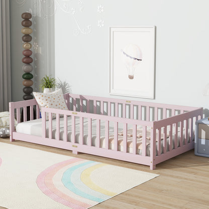 Twin Size Floor Bed with Fence without Door, Rubber Wood Floor Bed with Safety Guardrails,Pink (Old Sku W504P286399) image 2