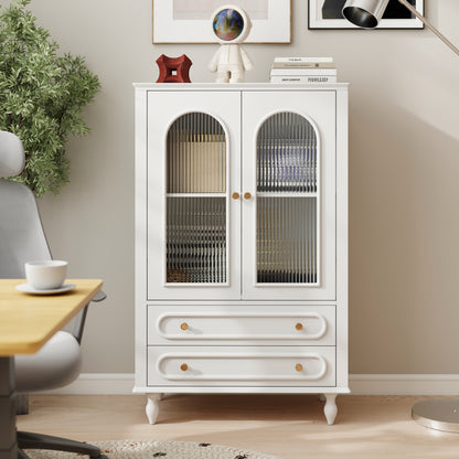 46.5'' Glass Display Cabinet with Ribbed Glass Doors,Wooden Curio Cabinet with 2 Drawers & Adjustable Shelf, Freestanding Buffet Cabinet Unit for Living Room Dining Room, White image 2
