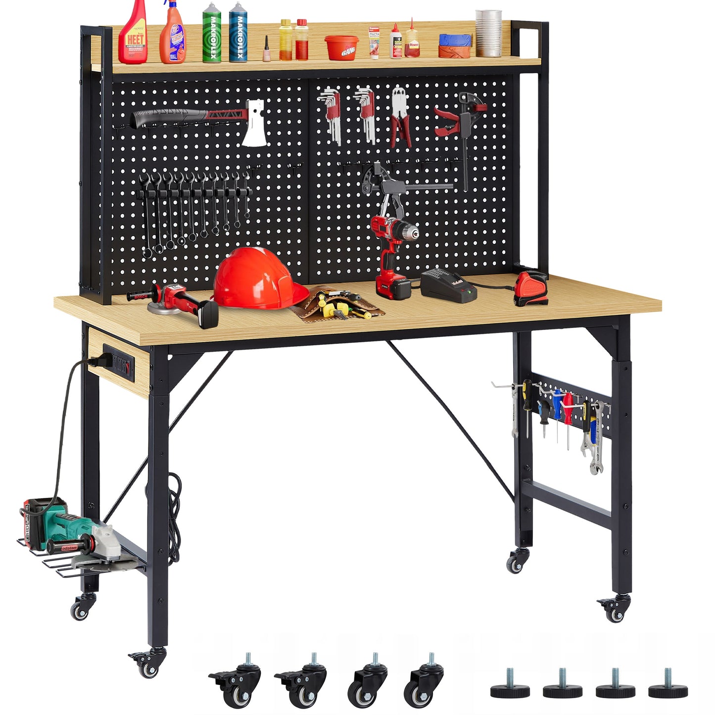 48''Adjustable Workbench with pegboard, Heavy Duty Wooden Desktop Workbench with Wheels, 1600 lb. Load Capacity, Rolling Workbench with AC/USB Outlet, Hooks, Shelf, for Garage, Workshop, Office, Home. image 1