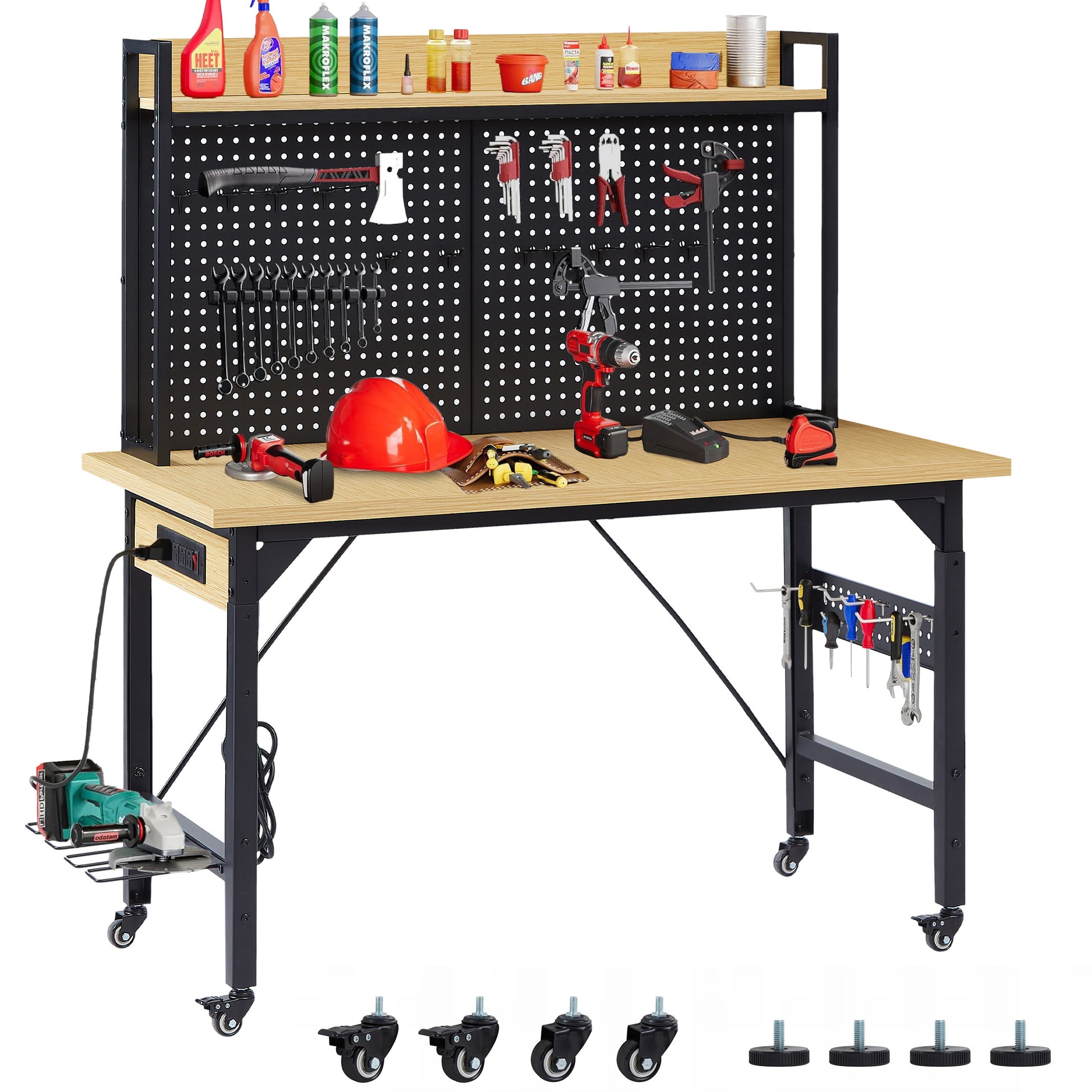 48''Adjustable Workbench with pegboard, Heavy Duty Wooden Desktop Workbench with Wheels, 1600 lb. Load Capacity, Rolling Workbench with AC/USB Outlet, Hooks, Shelf, for Garage, Workshop, Office, Home. image 1