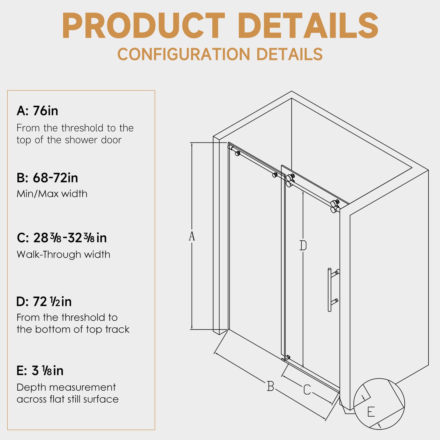 68-72" W * 76" H Stainless Steel Round Tube Frameless Single Sliding Shower Door, 3/8"-thick (10mm) SGCC Clear Tempered Glass Door, Reversible Installation, Matte Black image 8