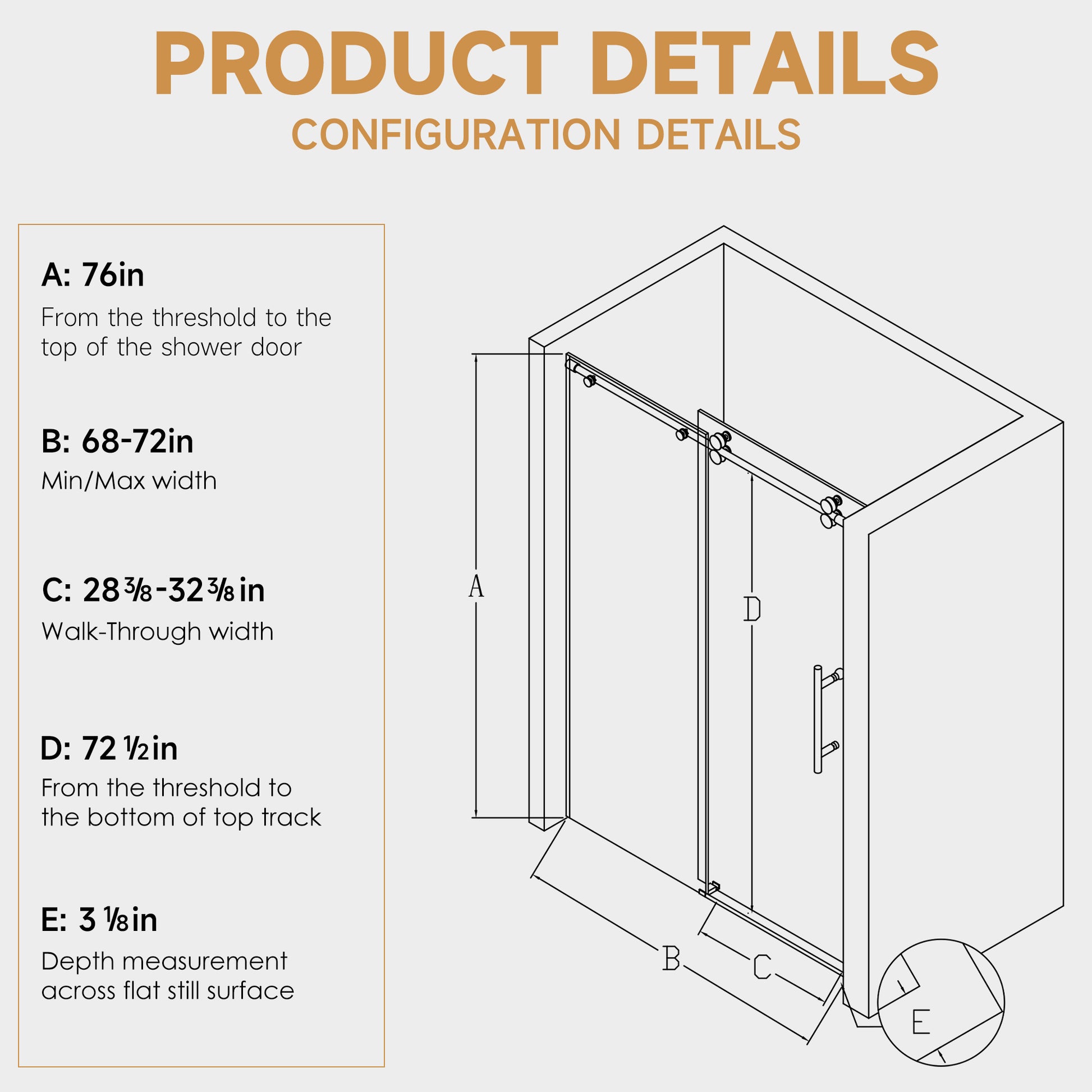 68-72" W * 76" H Stainless Steel Round Tube Frameless Single Sliding Shower Door, 3/8"-thick (10mm) SGCC Clear Tempered Glass Door, Reversible Installation, Matte Black image 8