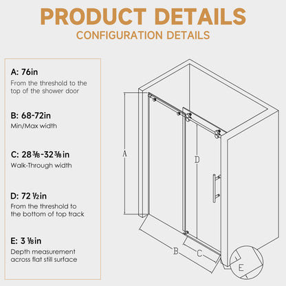 68-72" W * 76" H Stainless Steel Round Tube Frameless Single Sliding Shower Door, 3/8"-thick (10mm) SGCC Clear Tempered Glass Door, Reversible Installation, Matte Black image 8